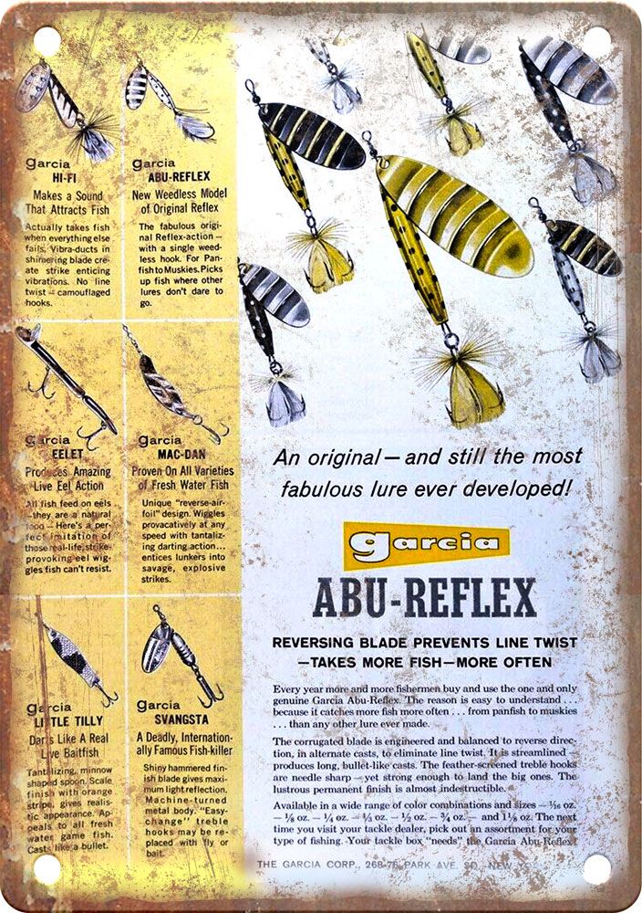 Vintage Garcia Lure Fishing Advertisment Reproduction Metal Sign