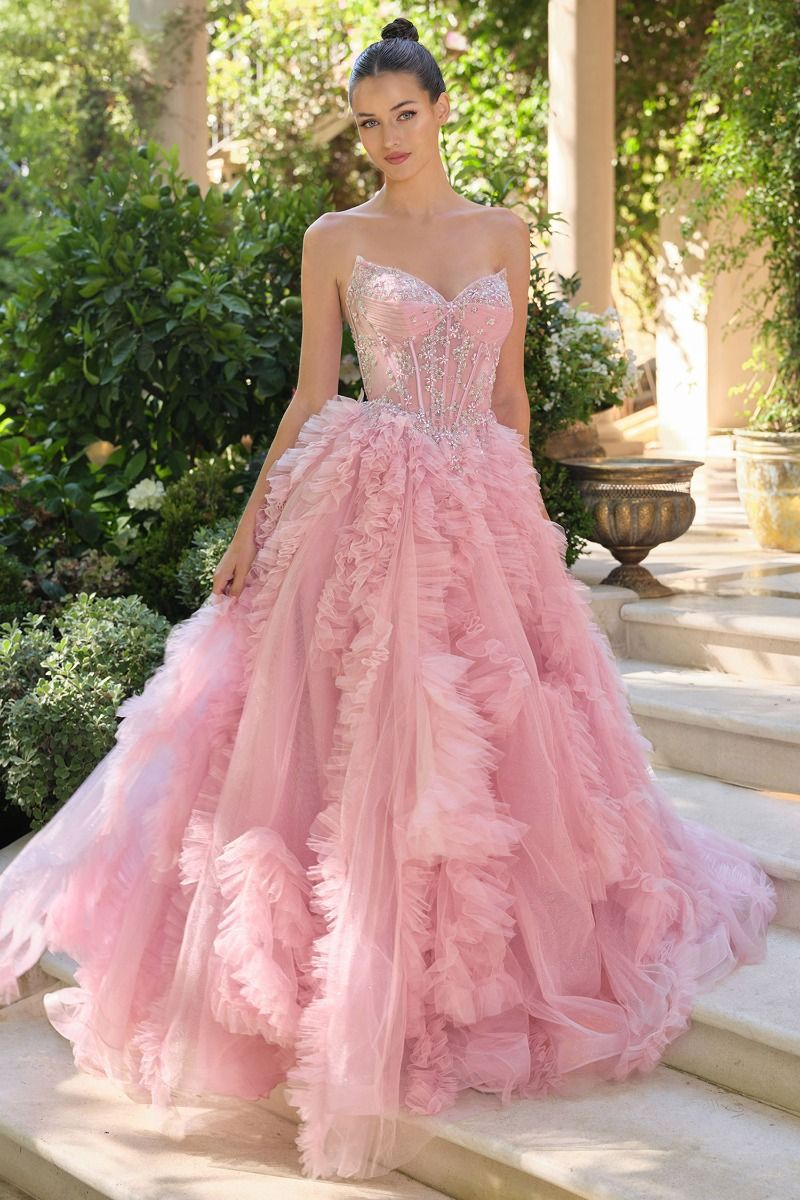 Prom Dresses Ball Gown Long Formal Ruffle Prom Dress Rose Pink